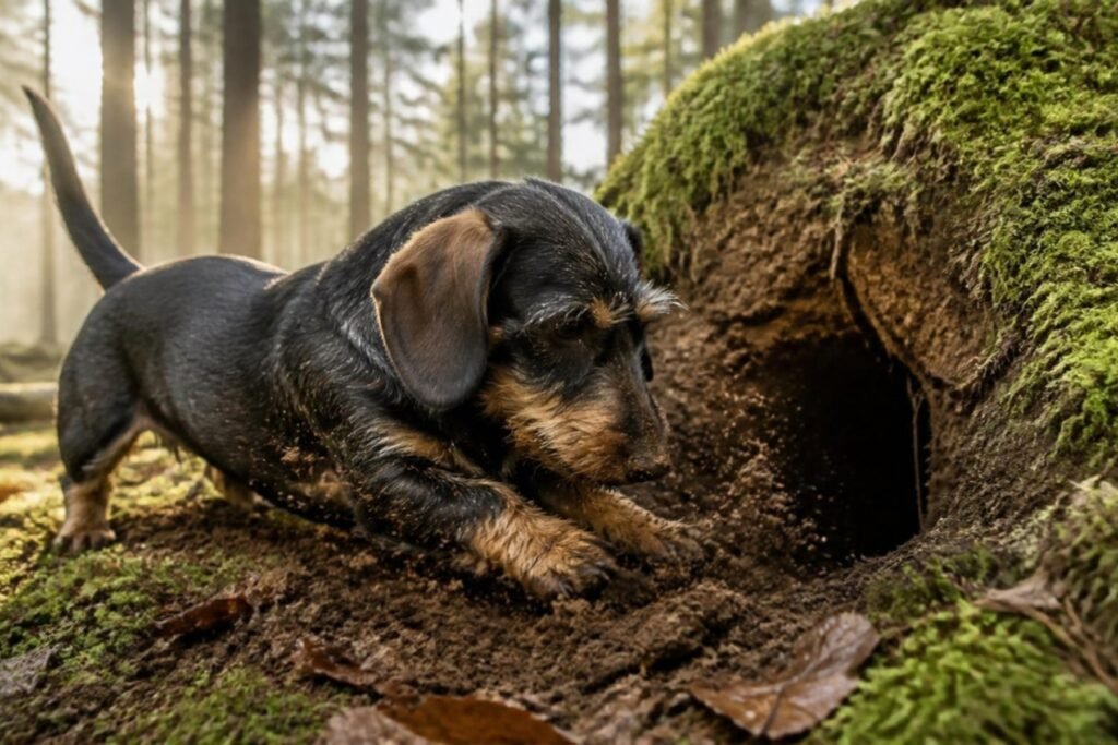 A wire-haired Dachshund digging at the entrance of a burrow in a mossy forest