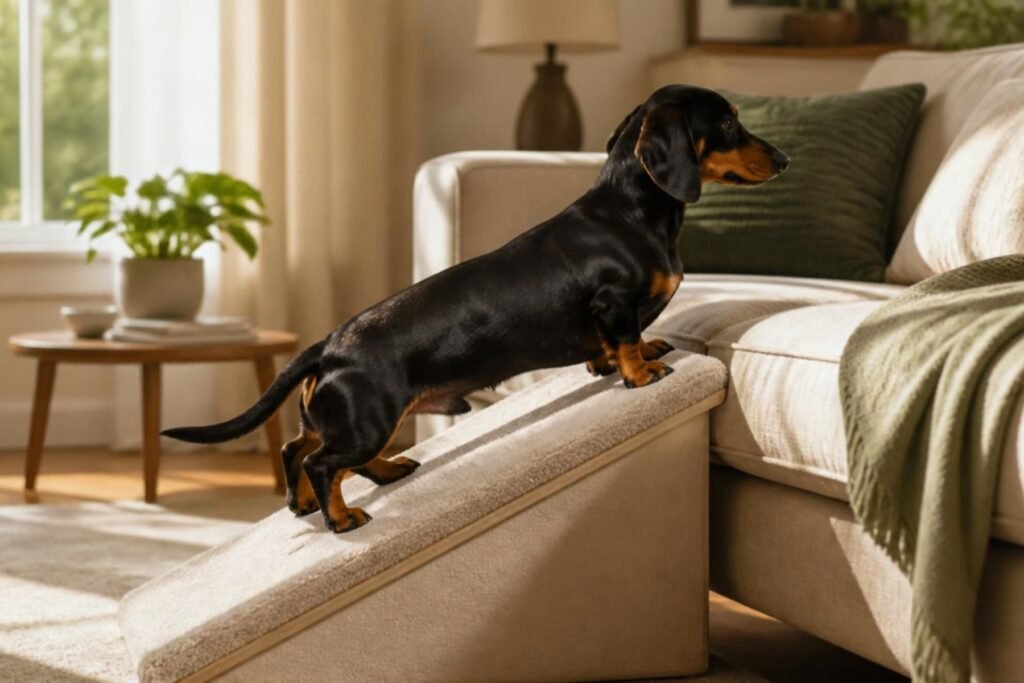 A black and tan Dachshund walking up a pet ramp onto a sofa