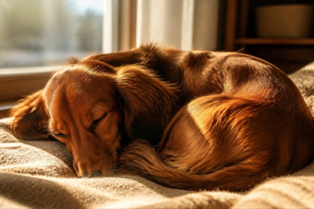 A long-haired red Dachshund curled up asleep in a warm patch of sunlight