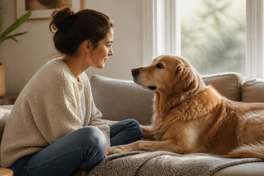A dog and its owner sitting face to face on a sofa, calmly looking into each other's eyes