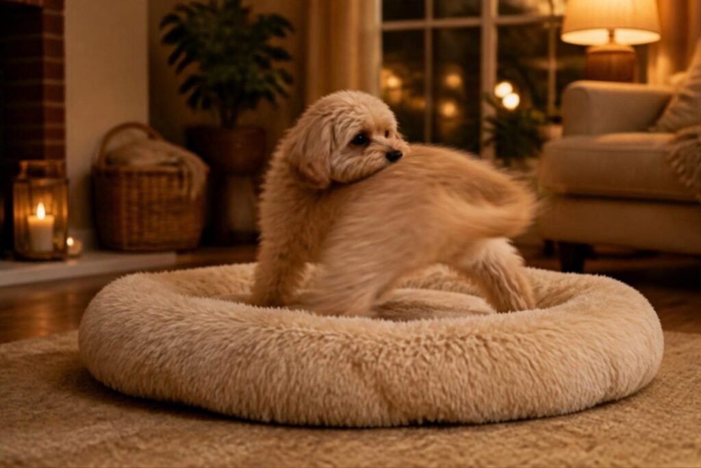 A small dog turning in a circle on a fluffy bed before lying down