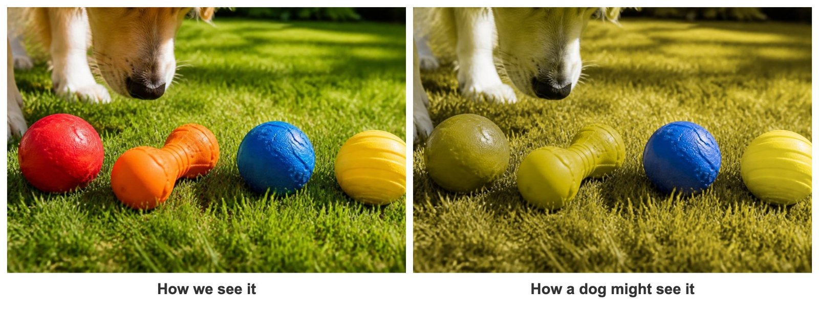 Side-by-side comparison of colorful dog toys as people see them and as a dog might see them