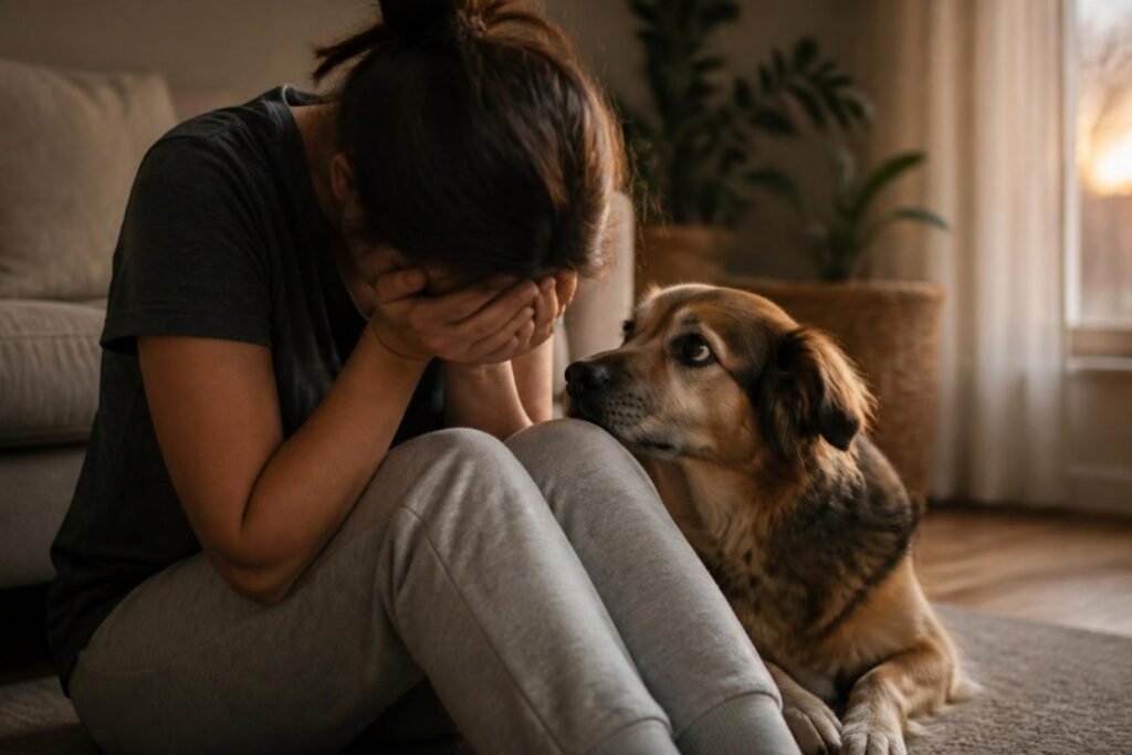 A dog sitting close to a person who is sitting on the floor with their face in their hands