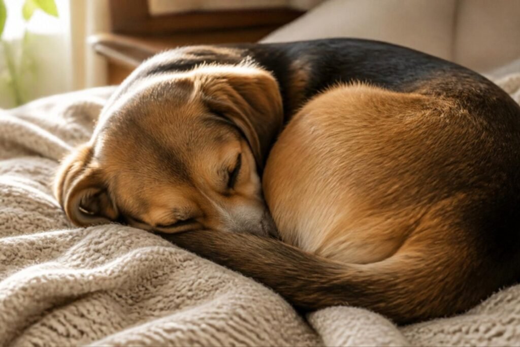 A dog curled up in a tight ball asleep on a blanket