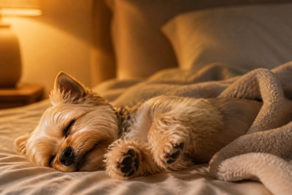 A small dog sound asleep on its side on a cozy bed under a warm lamp