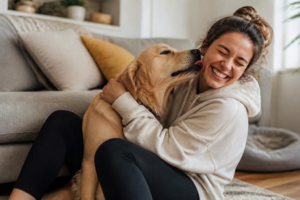A happy dog licking the cheek of a smiling woman sitting on a living room floor