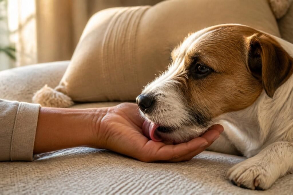 A small dog gently licking the hand of a person sitting on a couch