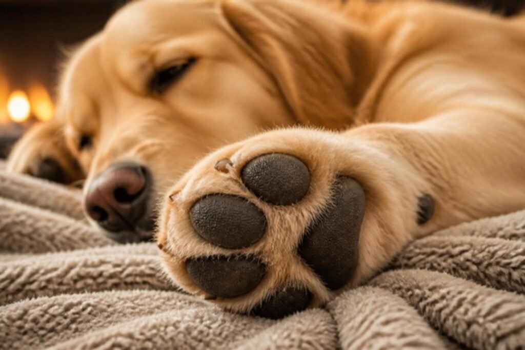 A sleepy Golden Retriever resting with its paw pads close to the camera