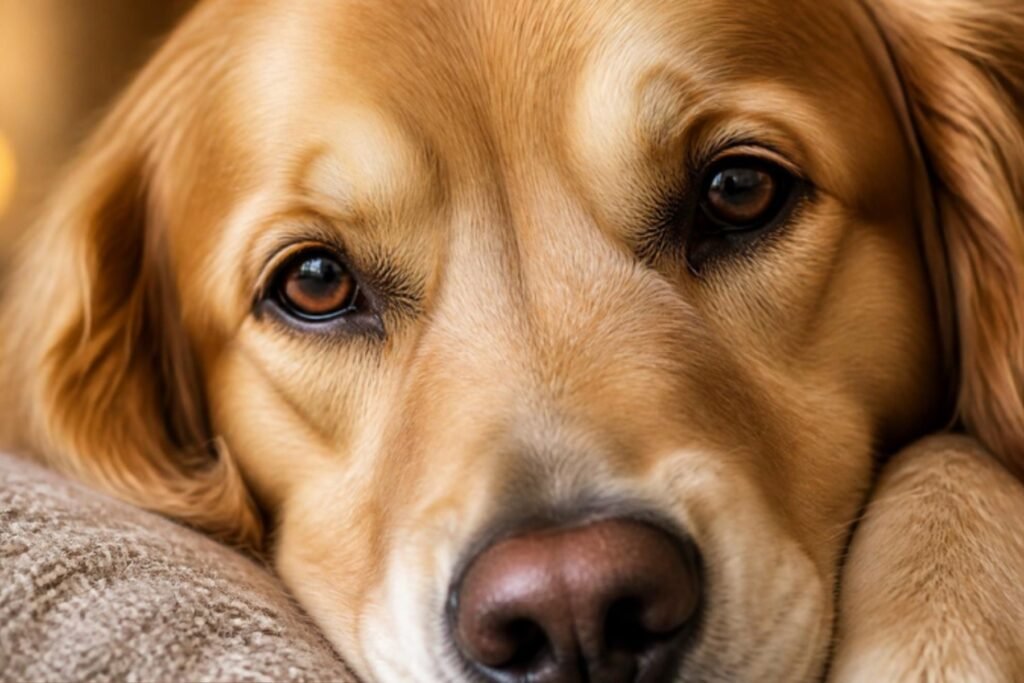 A close-up of a dog gazing softly at the camera with relaxed eyes