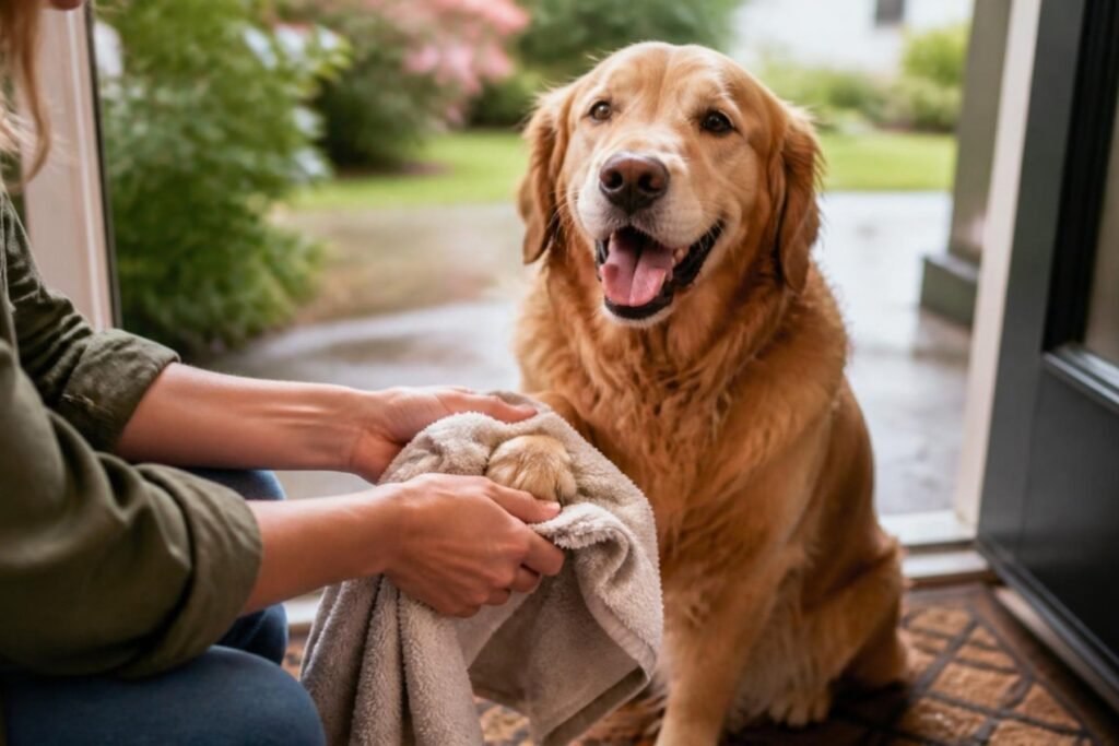 A person drying a smiling dog's paw with a towel at the front door after a walk