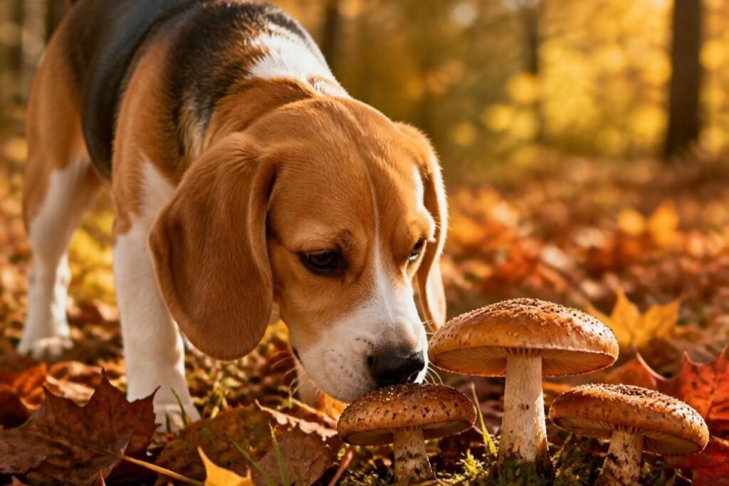 A beagle sniffing wild mushrooms among fallen autumn leaves