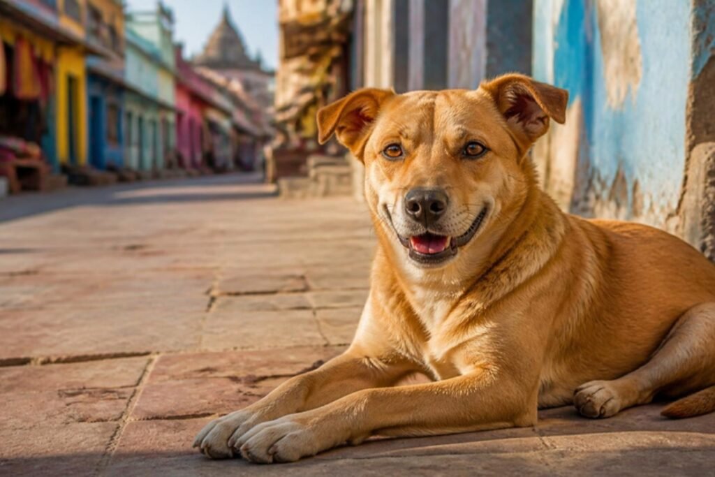 A friendly free-roaming dog resting on a sunny sidewalk in a colorful town