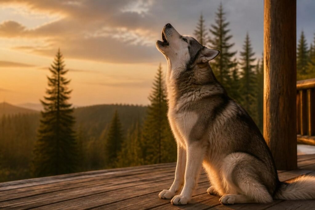 A husky sitting on a porch with its head tilted back, howling