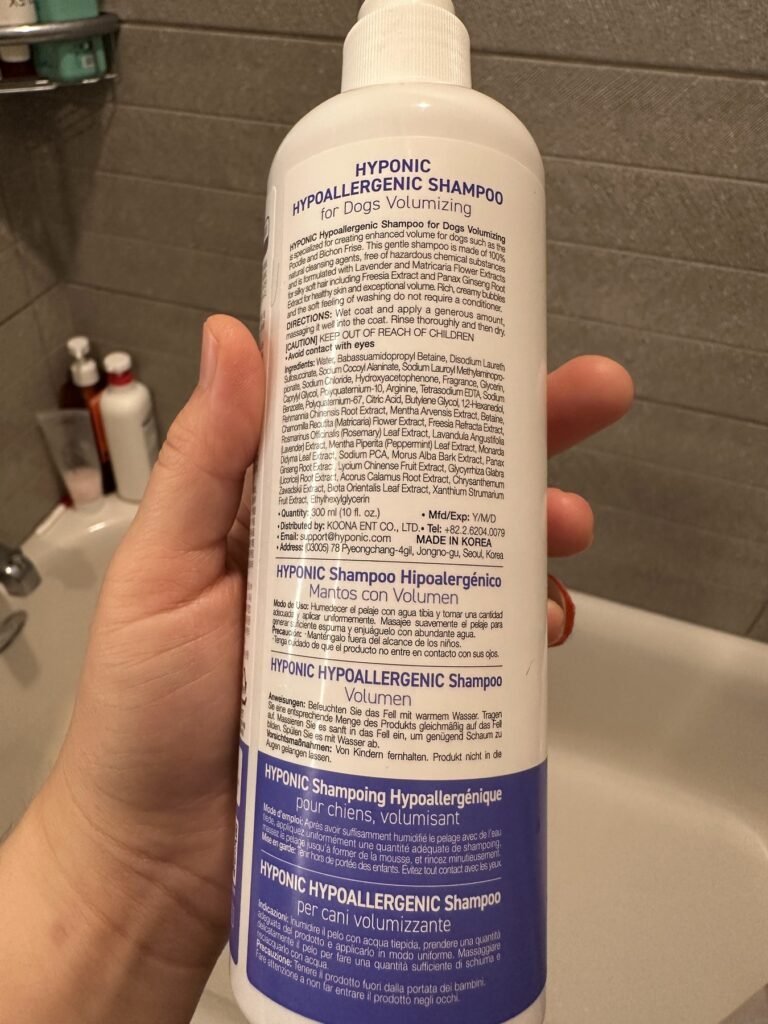 The back of the HYPONIC Volumizing shampoo bottle, showing the English label with directions and the full ingredient list