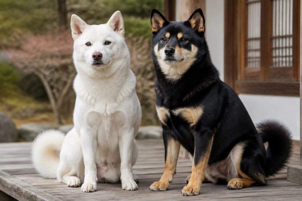 A white Jindo and a black and tan Jindo sitting side by side on a wooden porch