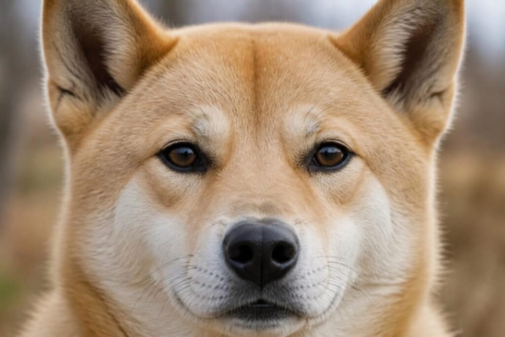 A close-up of a fawn Korean Jindo's face with upright triangle ears and calm, almond-shaped dark eyes