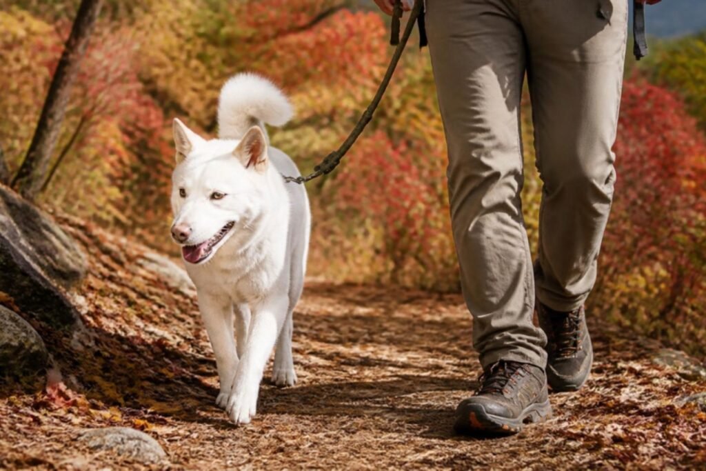 A white Jindo on a leash walking beside its owner on a forest hiking trail in autumn