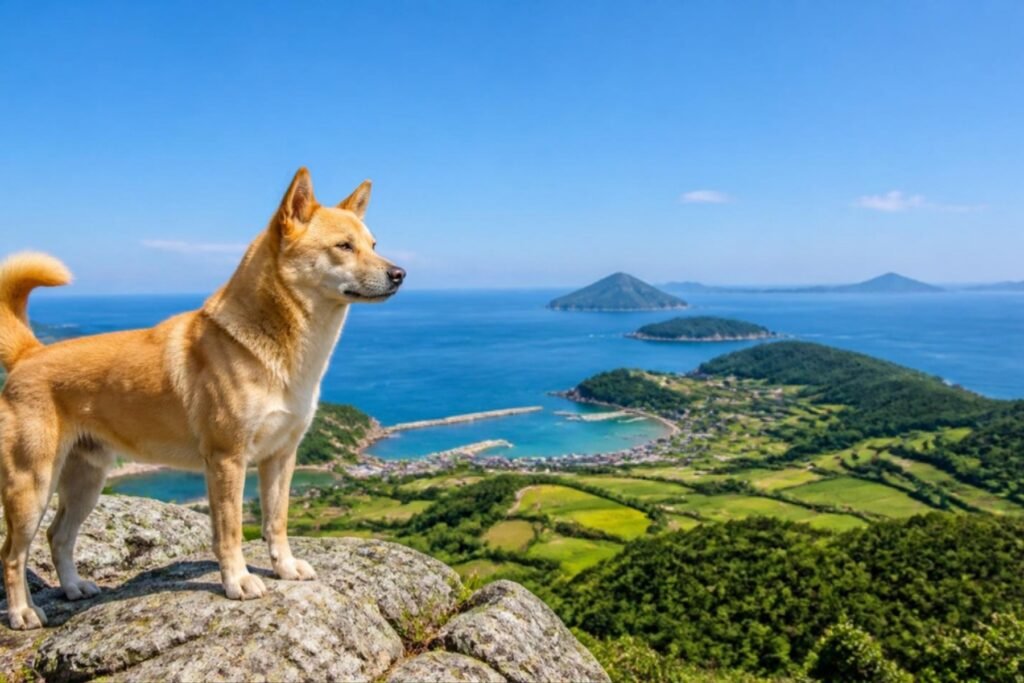 A fawn Jindo standing on a rocky hillside overlooking green fields and the sea on a Korean island