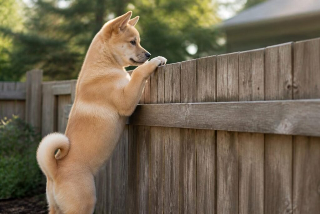 A fawn Jindo standing on its hind legs with its front paws on a tall wooden backyard fence, looking over