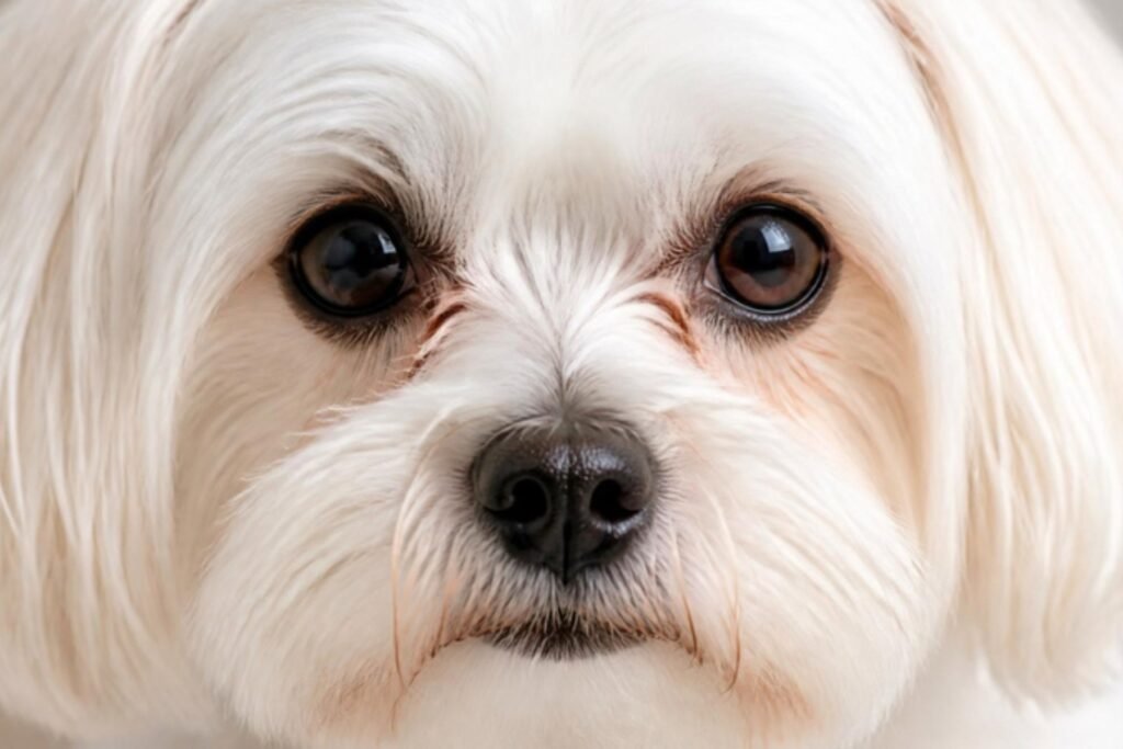 A close-up of a white Maltese's face with dark round eyes and a black nose