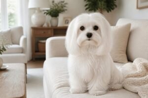 A white Maltese with a long silky coat sitting on a sofa in a bright living room