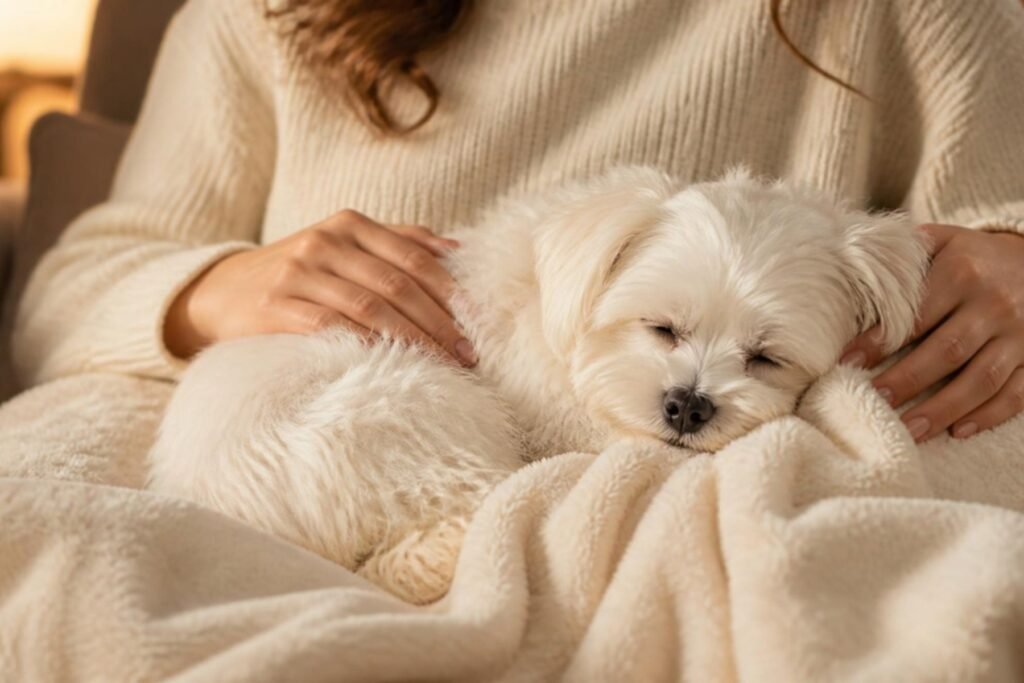 A white Maltese curled up asleep on a woman's lap under a soft blanket