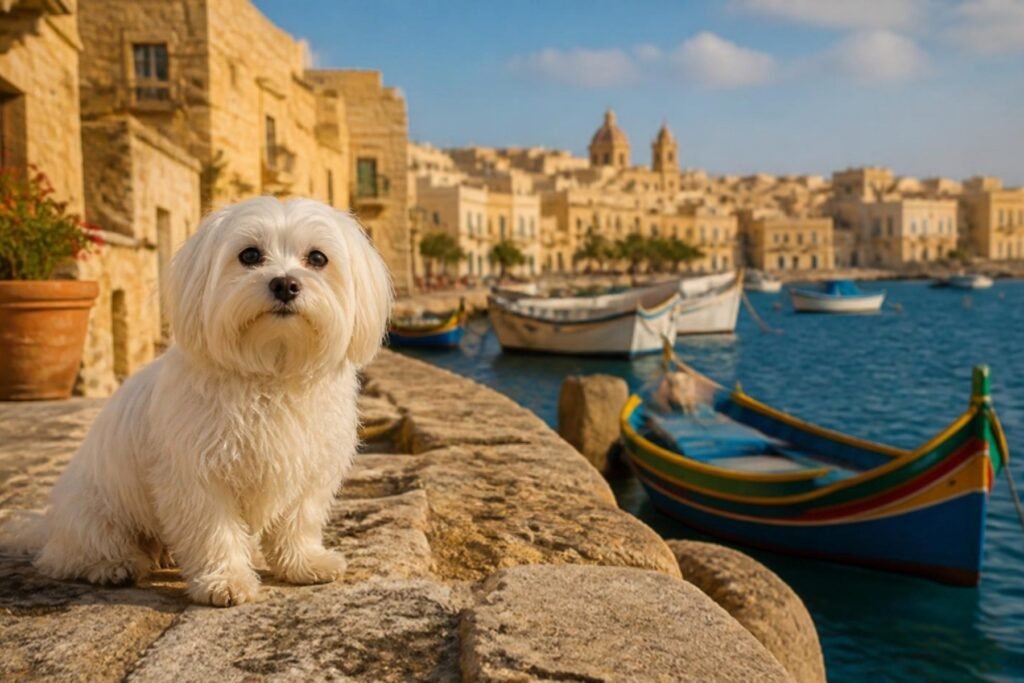 A small white Maltese sitting on a stone harbor wall by the blue sea in Malta