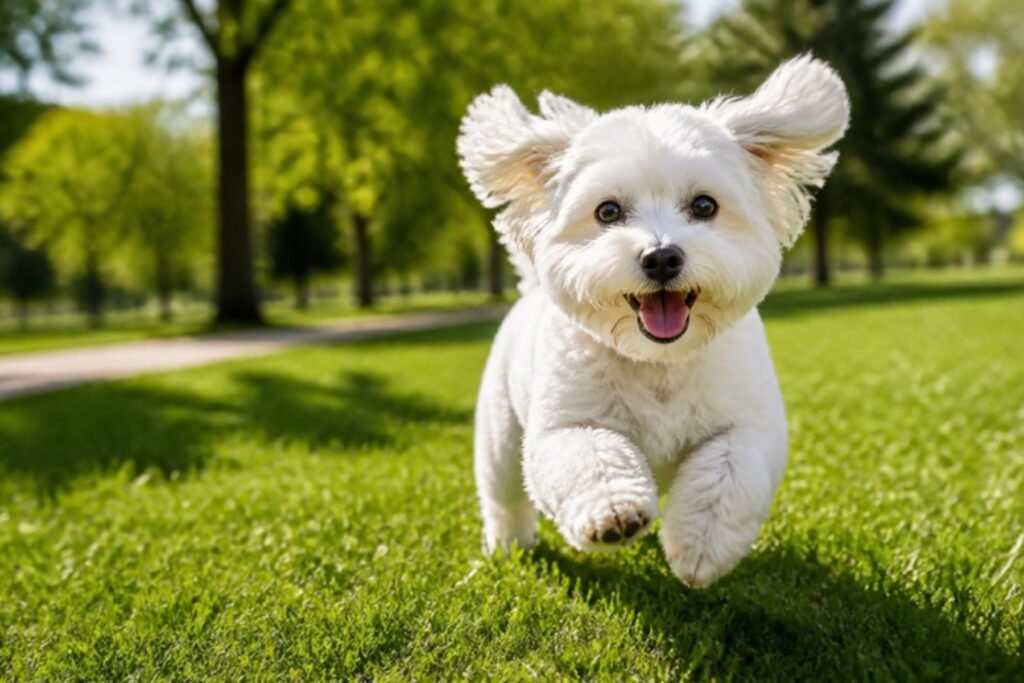 A white Maltese with a short puppy cut running happily across green grass