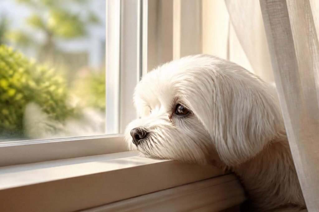 A white Maltese resting its chin on a windowsill, looking outside