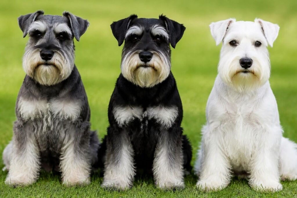 Three Miniature Schnauzers sitting side by side on green grass, one salt and pepper, one black and silver, and one pure white