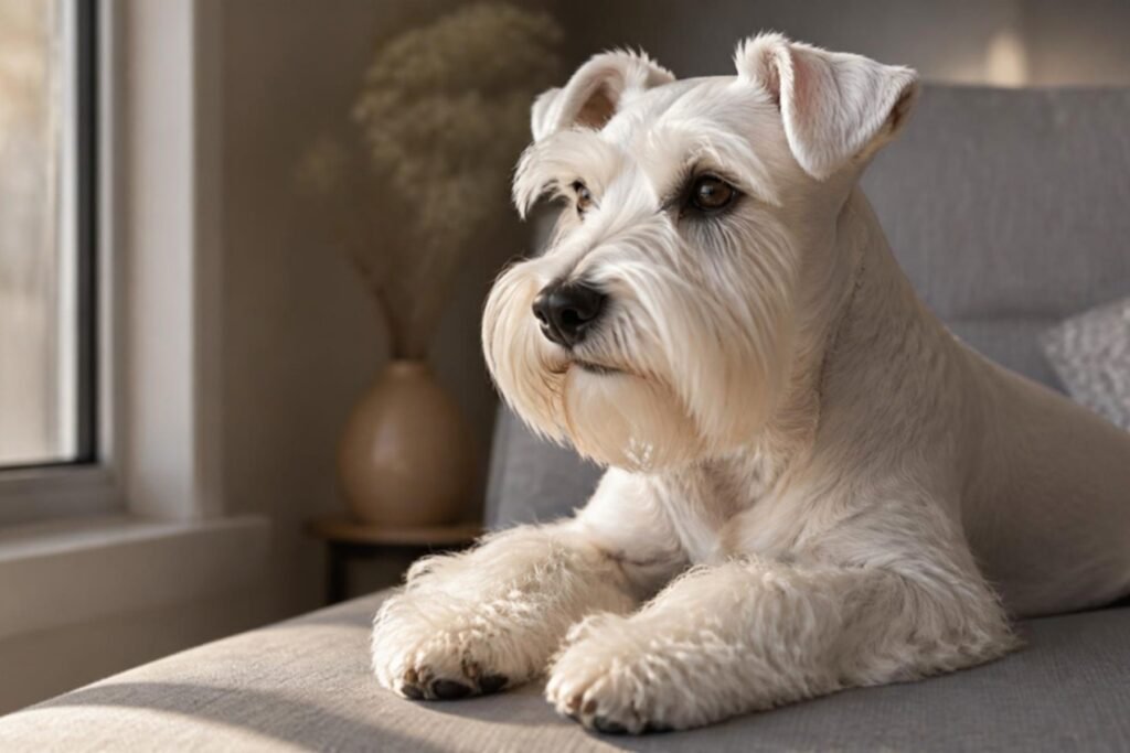 A white Miniature Schnauzer resting on a soft gray couch next to a window in warm afternoon light