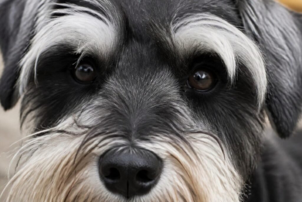 A close-up of a Miniature Schnauzer's face showing long white eyebrows, a thick beard, and dark eyes