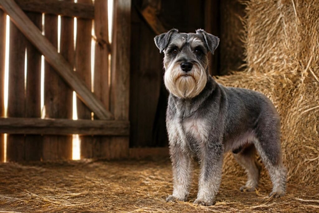 A small gray Miniature Schnauzer standing alert beside hay bales in an old wooden barn