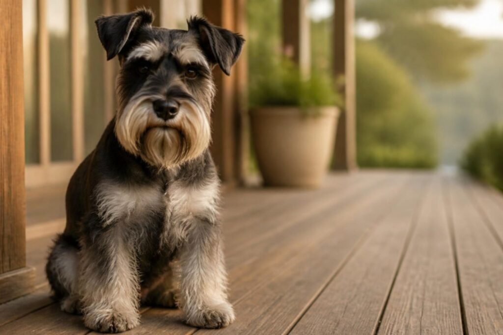 A salt and pepper Miniature Schnauzer with a full beard and bushy eyebrows sitting on a wooden porch in soft morning light