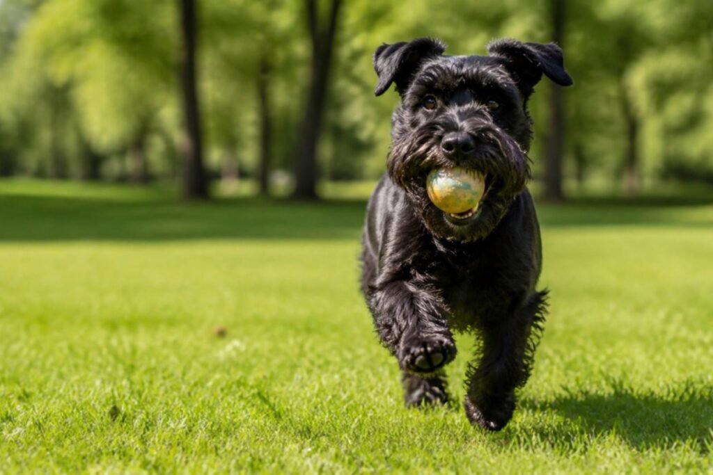 A black Miniature Schnauzer running happily across a park lawn with a small ball in their mouth