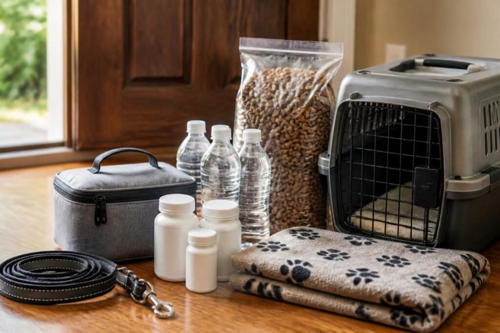 A pet emergency kit with food, water, a leash, medicine, and a blanket packed next to a dog carrier