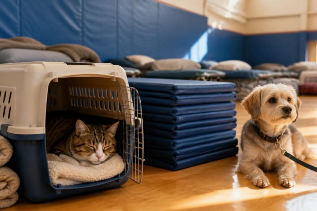A cat resting in a carrier and a calm small dog on a leash inside a gymnasium used as an emergency shelter