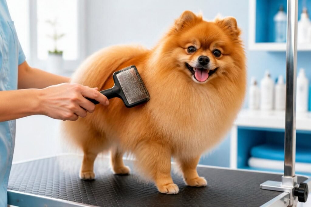 A Pomeranian being gently brushed on a grooming table