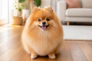 A fluffy orange Pomeranian sitting on a wooden floor and smiling at the camera