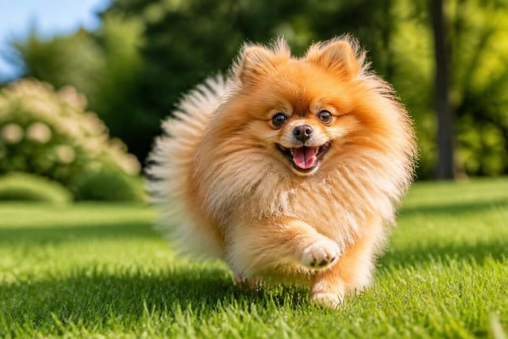 A happy Pomeranian running across a green lawn with its fluffy coat bouncing