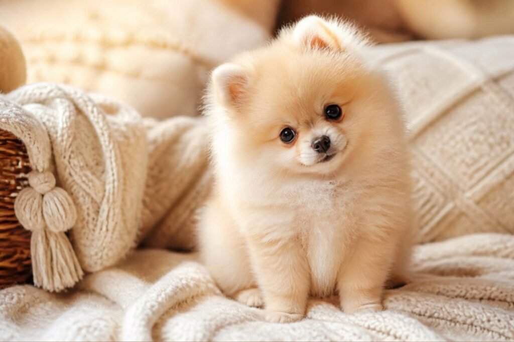 A fluffy cream Pomeranian puppy sitting on a knit blanket