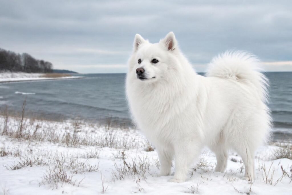A large white Spitz-type dog with a curled tail standing in a snowy field near the sea