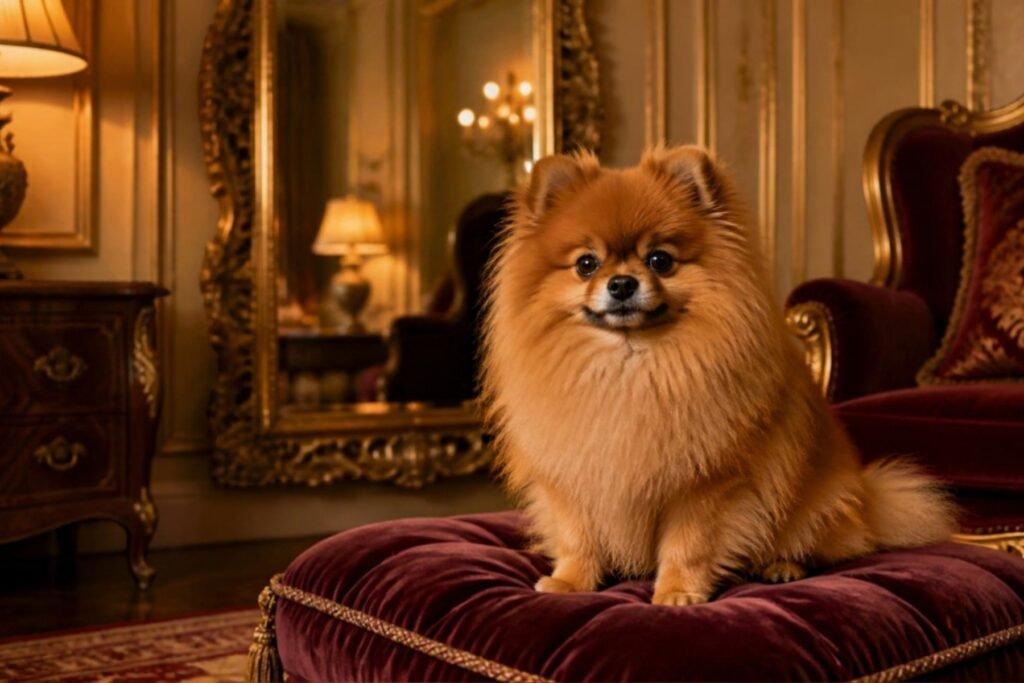 A small red-sable Pomeranian sitting on a velvet cushion in an elegant Victorian room