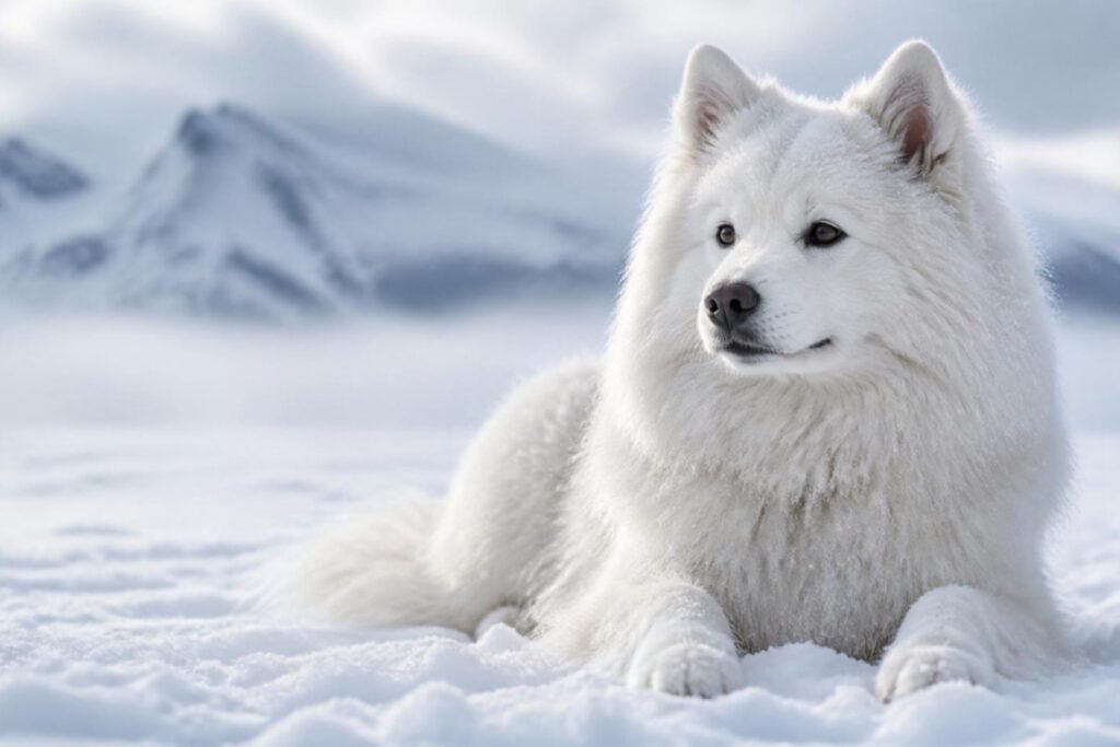 A white spitz-type dog with a thick double coat lying in snow, with small flakes of frost resting on its fur