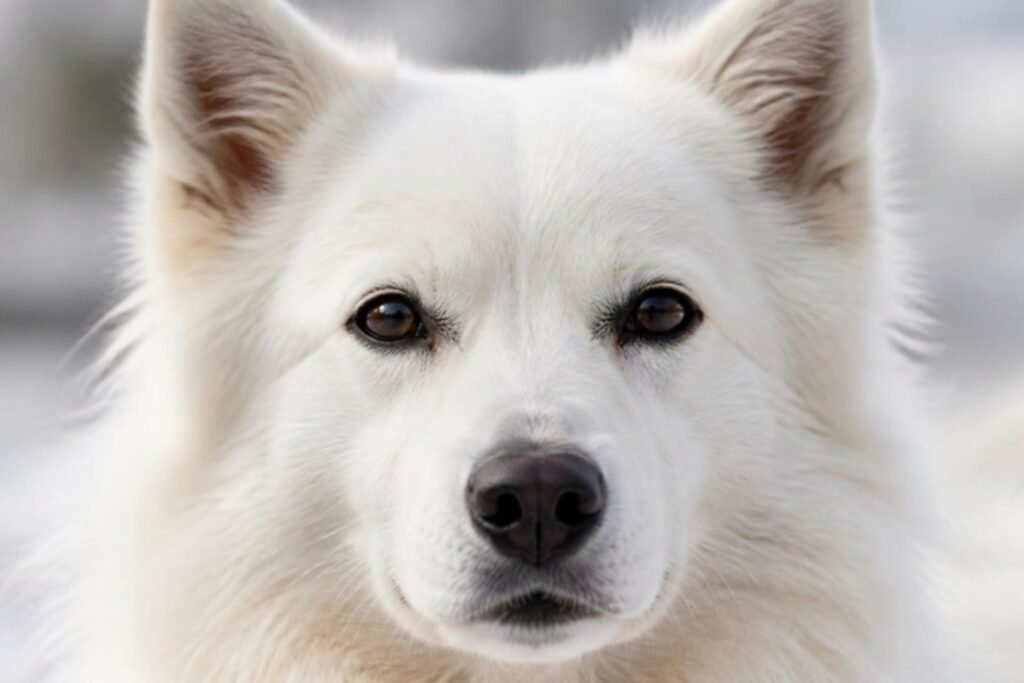 A close-up of a white spitz-type dog's face with upright triangle ears and calm, dark almond-shaped eyes
