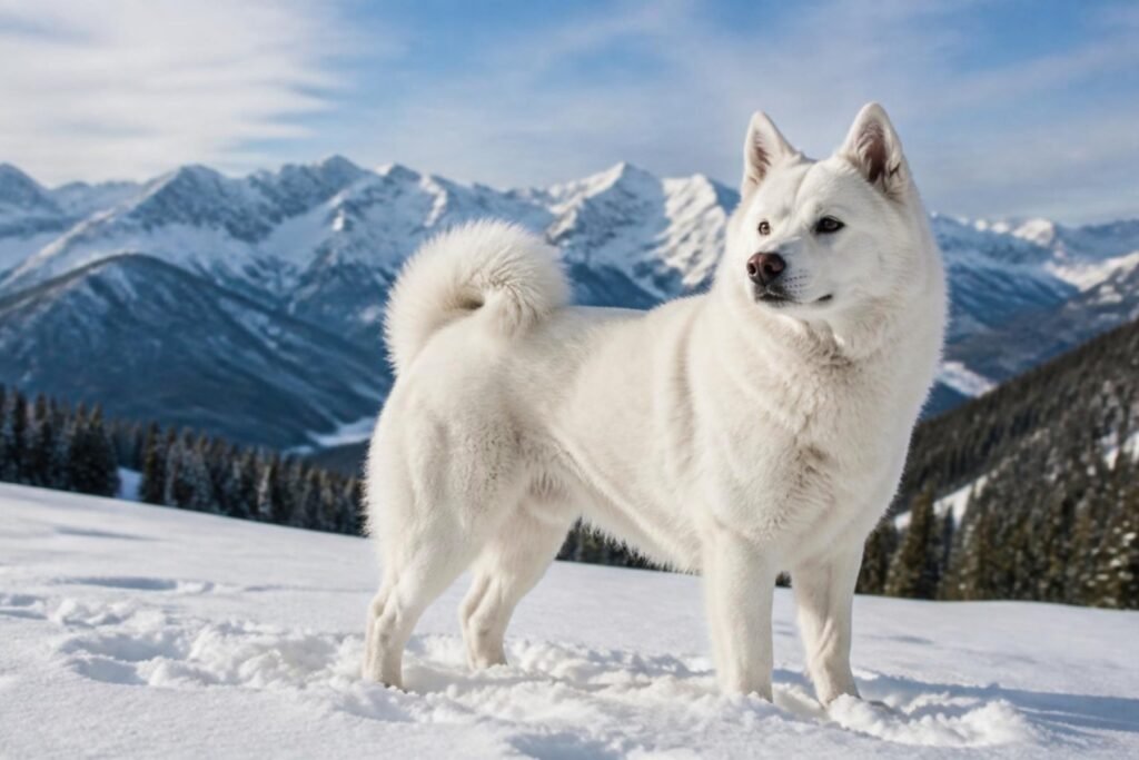 A large white spitz-type dog with upright ears and a curled tail standing in fresh snow, with pine-covered mountains behind