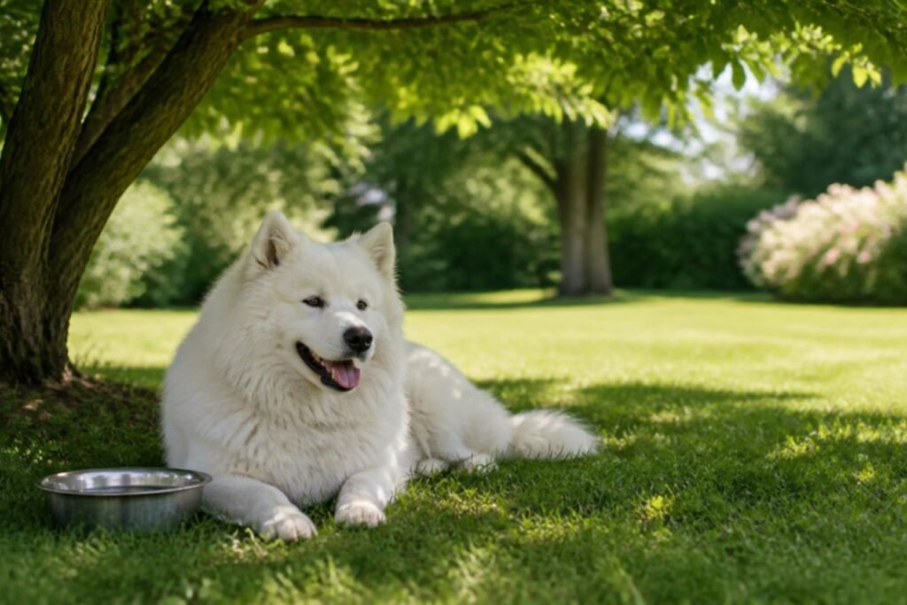 A white fluffy dog resting in the shade of a tree on green grass on a summer day, next to a water bowl