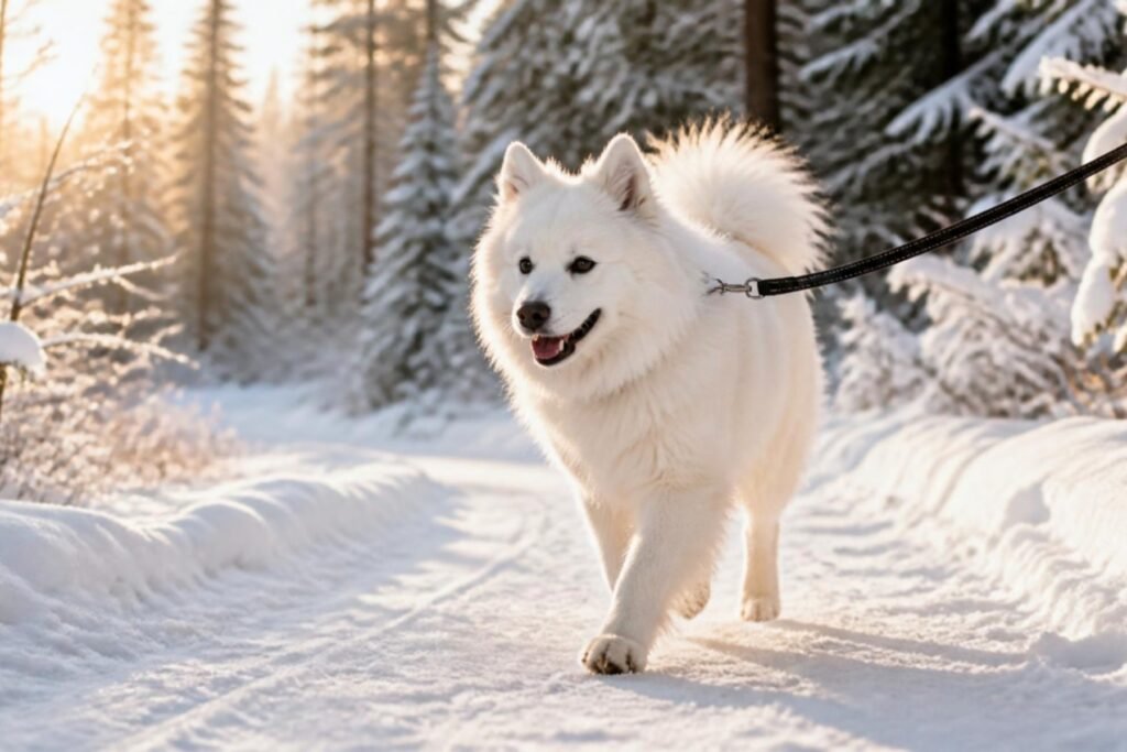 A white spitz-type dog on a leash trotting along a snowy forest trail in soft morning light