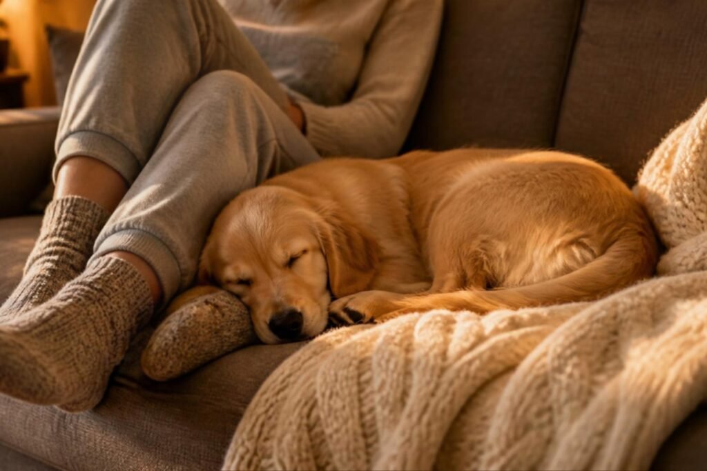 A sleeping golden puppy curled up next to its owner on a sofa under a blanket
