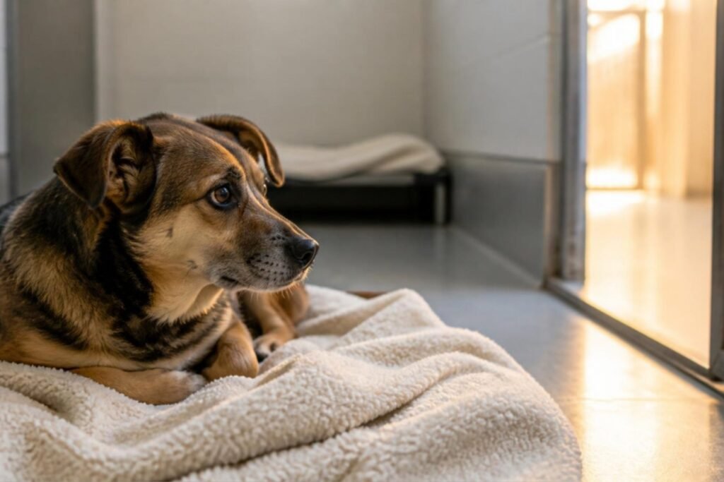 A shy mixed-breed dog resting on a soft blanket in a quiet shelter kennel, looking toward an open door with warm light coming through